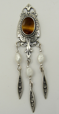 Sterling Silver Victorian Style Drop Dangle Earrings With Tiger Eye